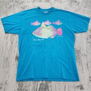 Vintage 90s Hanes Neon Fish Puff Graphic Tee Size XL Blue Ocean City Maryland